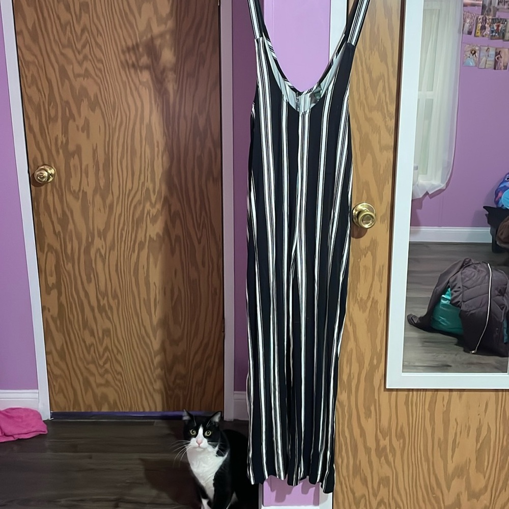 Black and white striped overall jumpsuit